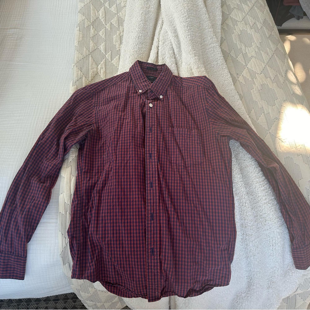 Soft maroon and navy blue checkered long sleeve button up. J Crew